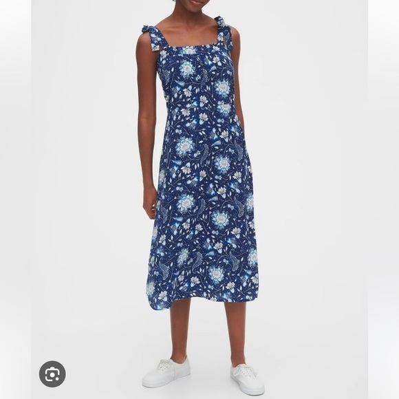 NWT Gap Blue Floral & Paisley Tie Shoulder Midi Apron Dress - Picture 1 of 12